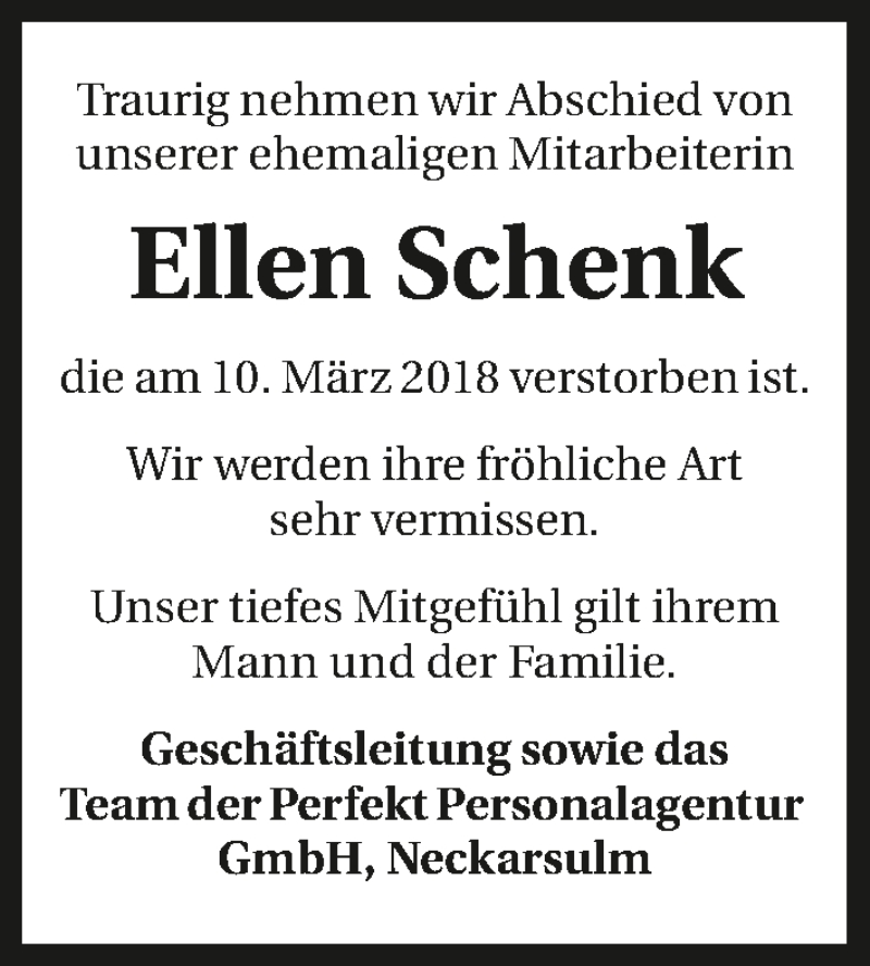  Traueranzeige für Ellen Schenk vom 17.03.2018 aus 