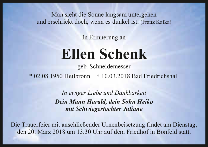 Traueranzeige für Ellen Schenk vom 17.03.2018 aus 