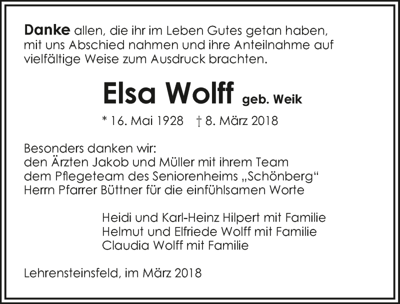  Traueranzeige für Elsa Wolff vom 28.03.2018 aus 