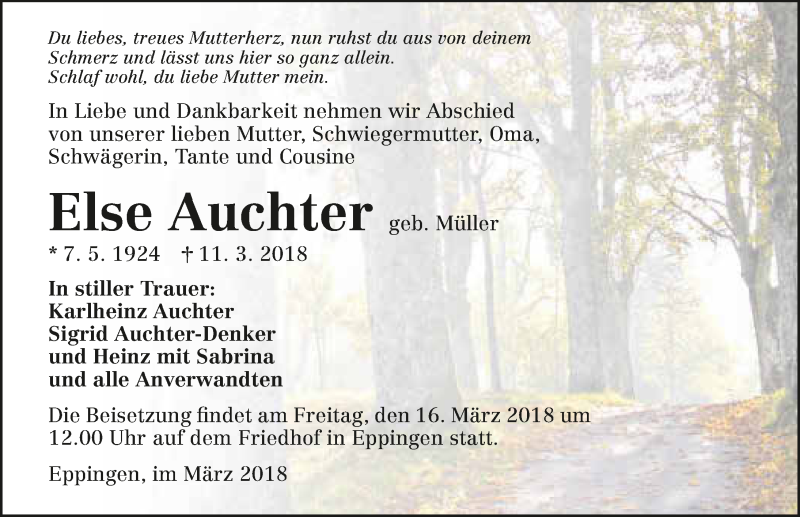  Traueranzeige für Else Auchter vom 14.03.2018 aus 