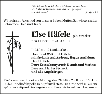 Traueranzeige von Else Häfele 