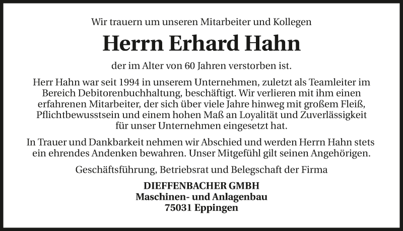  Traueranzeige für Erhard Hahn vom 29.03.2018 aus 