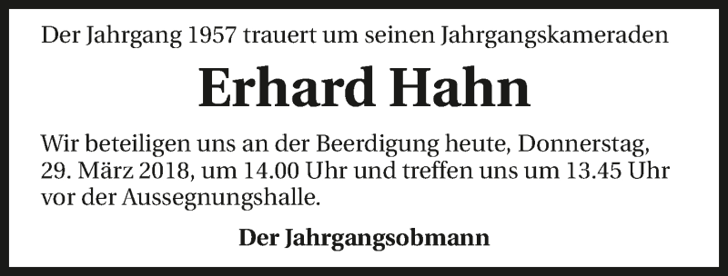  Traueranzeige für Erhard Hahn vom 29.03.2018 aus 