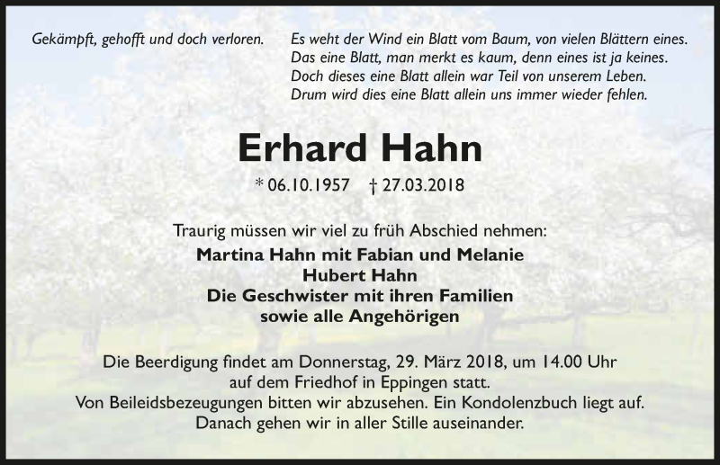  Traueranzeige für Erhard Hahn vom 28.03.2018 aus 
