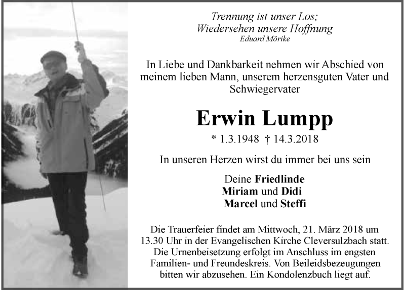  Traueranzeige für Erwin Lumpp vom 17.03.2018 aus 