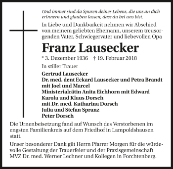 Traueranzeige von Franz Lausecker