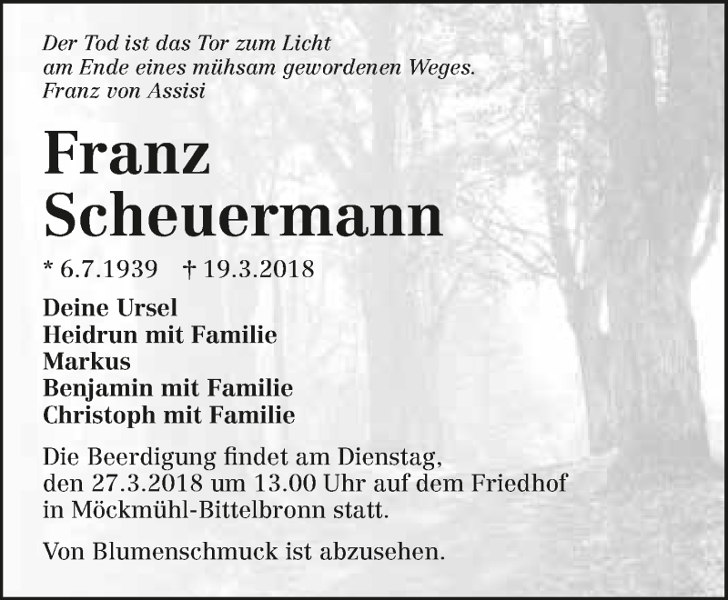  Traueranzeige für Franz Scheuermann vom 24.03.2018 aus 