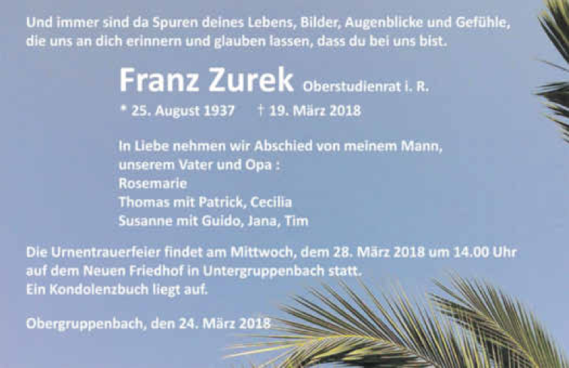  Traueranzeige für Franz Zurek vom 24.03.2018 aus 