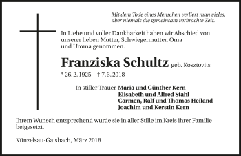 Traueranzeige von Franziska Schultz 
