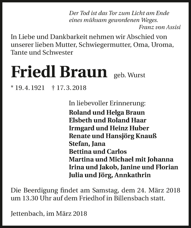  Traueranzeige für Friedl Braun vom 22.03.2018 aus 
