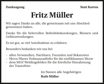 Traueranzeige von Fritz Müller 