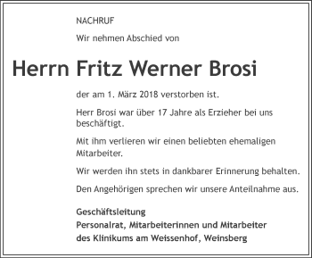 Traueranzeige von Fritz Werner Brosi 