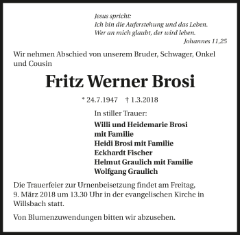 Traueranzeige von Fritz Werner Brosi 