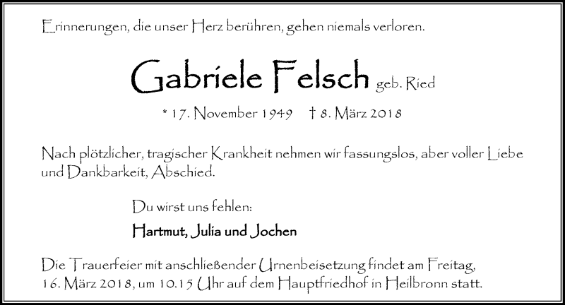  Traueranzeige für Gabriele Felsch vom 10.03.2018 aus 