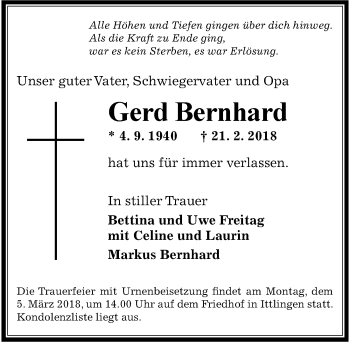 Traueranzeige von Gerd Bernhard 