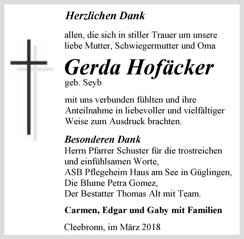  Traueranzeige für Gerda Hofäcker vom 14.03.2018 aus 
