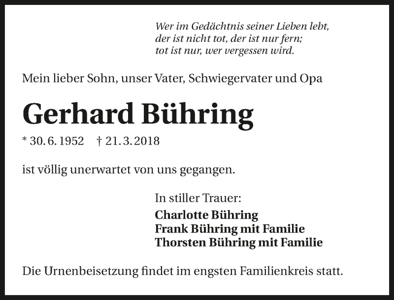  Traueranzeige für Gerhard Bühring vom 24.03.2018 aus 