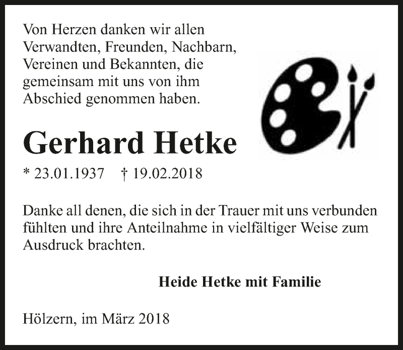  Traueranzeige für Gerhard Hetke vom 10.03.2018 aus 