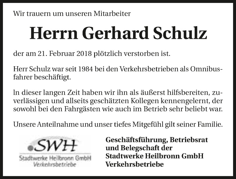  Traueranzeige für Gerhard Schulz vom 02.03.2018 aus 