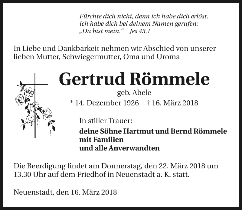  Traueranzeige für Gertrud Römmele vom 20.03.2018 aus 