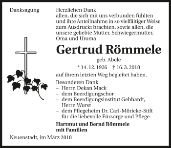 Traueranzeige von Gertrud Römmele 