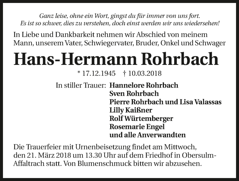  Traueranzeige für Hans-Hermann Rohrbach vom 17.03.2018 aus 