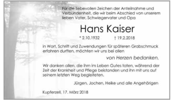 Traueranzeige von Hans Kaiser 