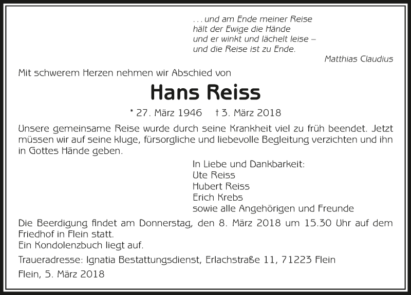  Traueranzeige für Hans Reiss vom 06.03.2018 aus 