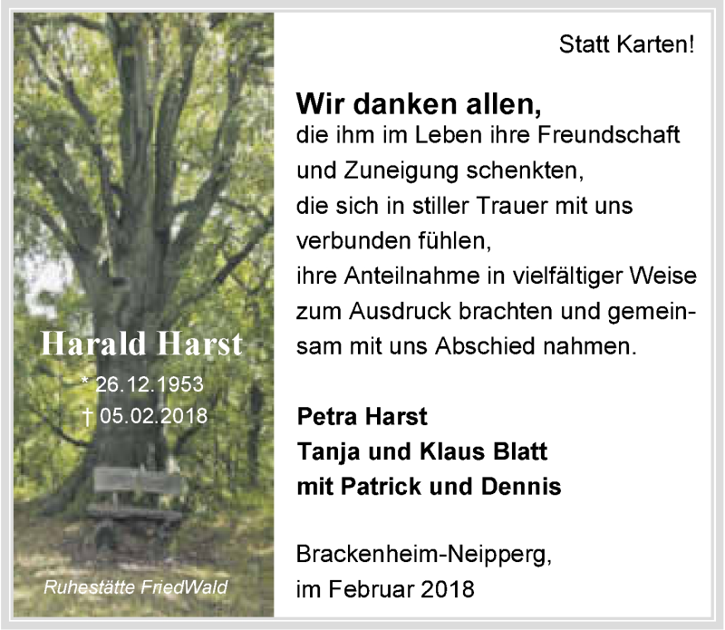  Traueranzeige für Harald Harst vom 03.03.2018 aus 