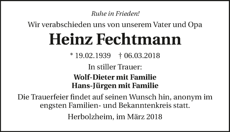  Traueranzeige für Heinz Fechtmann vom 10.03.2018 aus 