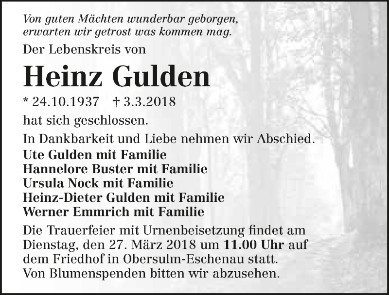  Traueranzeige für Heinz Gulden vom 24.03.2018 aus 