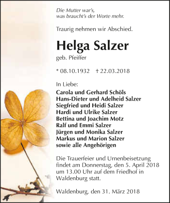 Traueranzeige von Helga Salzer 