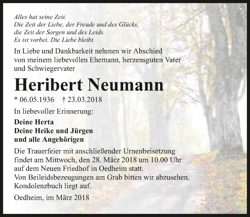  Traueranzeige für Heribert Neumann vom 24.03.2018 aus 