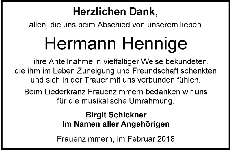  Traueranzeige für Hermann Hennige vom 03.03.2018 aus 