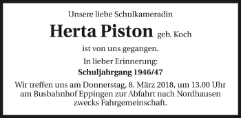 Traueranzeige von Herta Piston 