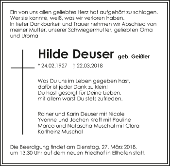 Traueranzeige von Hilde Deuser 