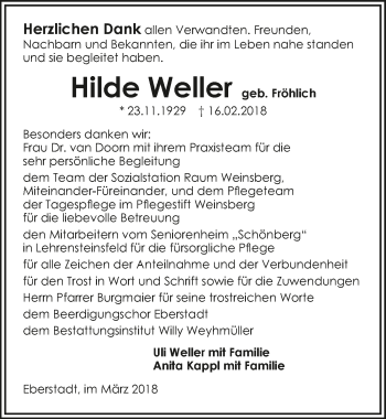 Traueranzeige von Hilde Weller 