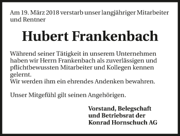Traueranzeige von Hubert Frankenbach 