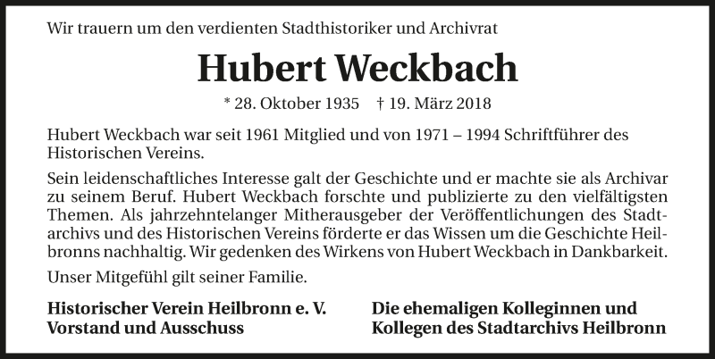  Traueranzeige für Hubert Weckbach vom 28.03.2018 aus 