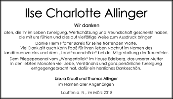 Traueranzeige von Ilse Charlotte Allinger 