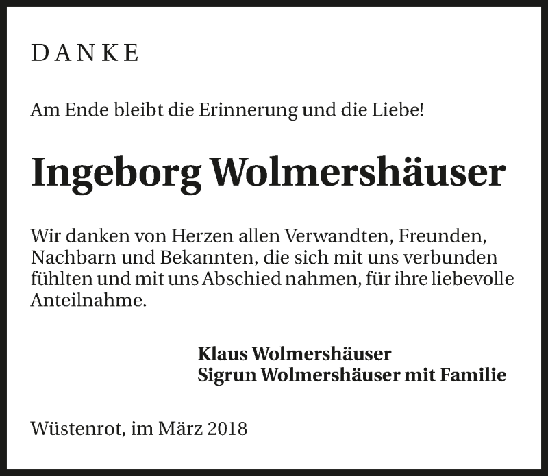  Traueranzeige für Ingeborg Wolmershäuser vom 09.03.2018 aus 