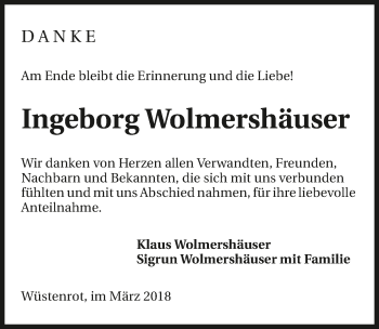 Traueranzeige von Ingeborg Wolmershäuser 