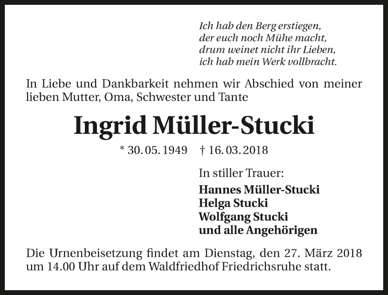  Traueranzeige für Ingrid Müller-Stucki vom 24.03.2018 aus 