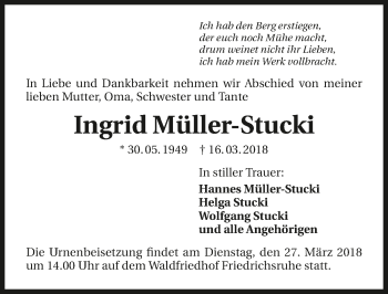 Traueranzeige von Ingrid Müller-Stucki 