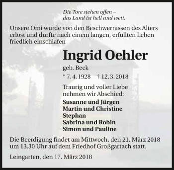 Traueranzeige von Ingrid Oehler 