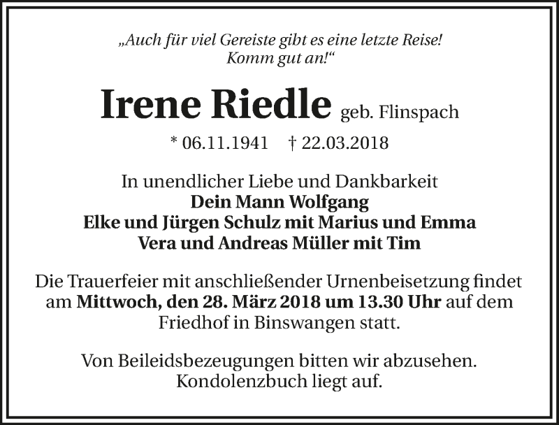  Traueranzeige für Irene Riedle vom 24.03.2018 aus 