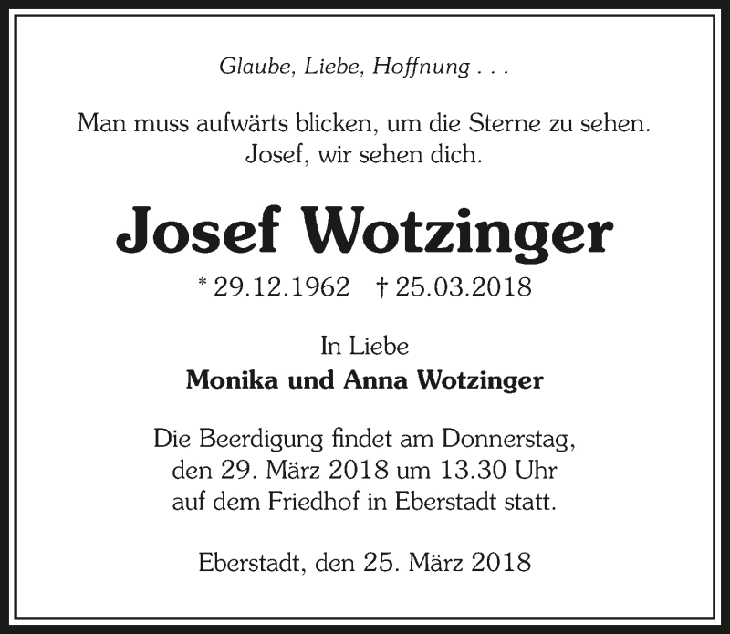  Traueranzeige für Josef Wotzinger vom 28.03.2018 aus 