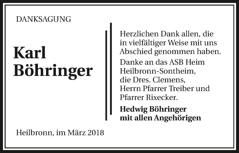  Traueranzeige für Karl Böhringer vom 16.03.2018 aus 