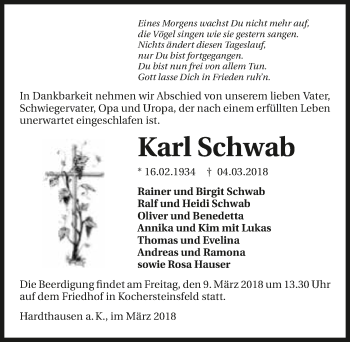 Traueranzeige von Karl Schwab 
