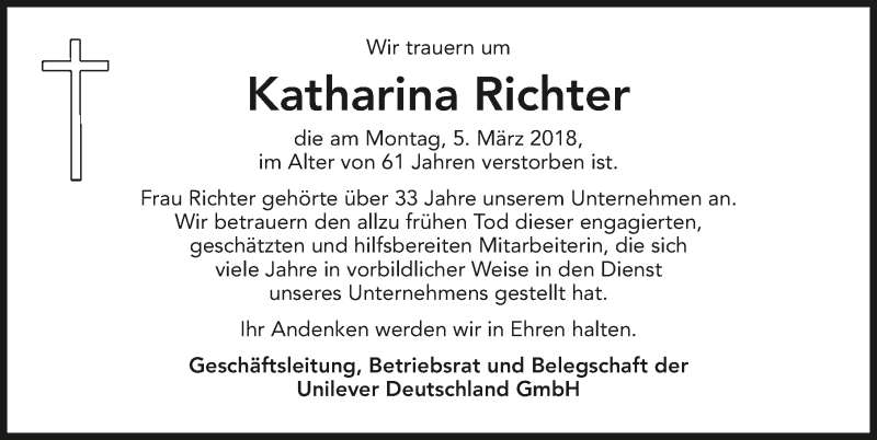  Traueranzeige für Katharina Richter vom 10.03.2018 aus 